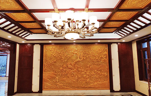 凤阳中式别墅客厅中式木作横梁吊顶装饰展示