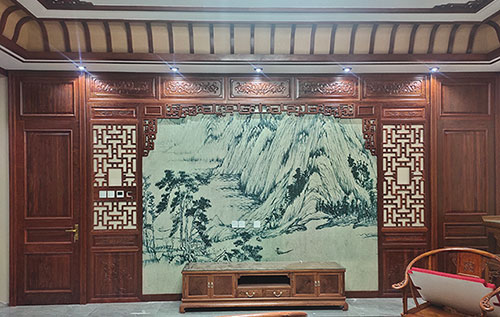 凤阳中式仿古别墅客厅背景墙花格木作装饰